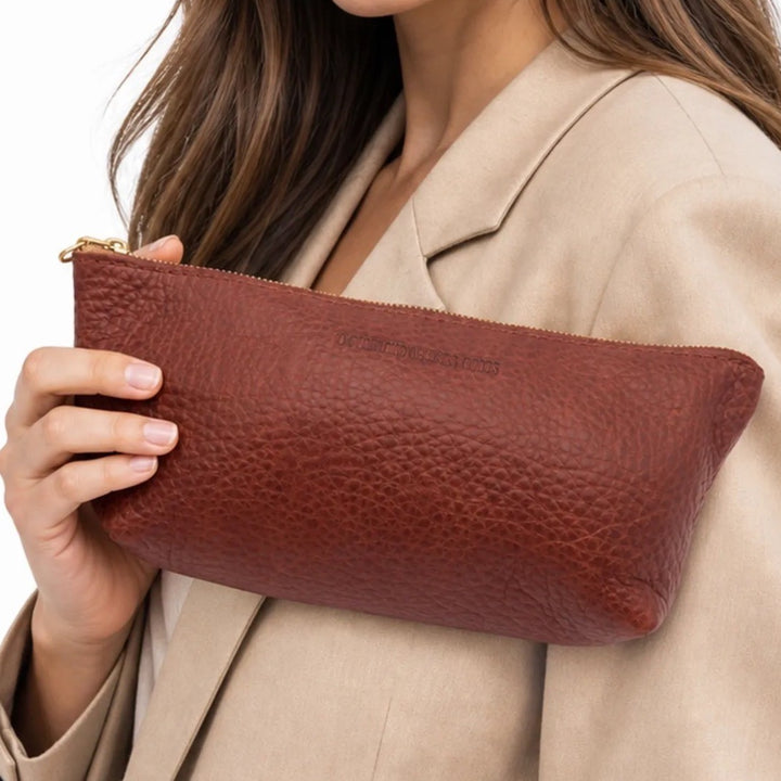 Portland Leather Goods Cognac Brown Pebbled Leather Small Makeup Pouch Bag