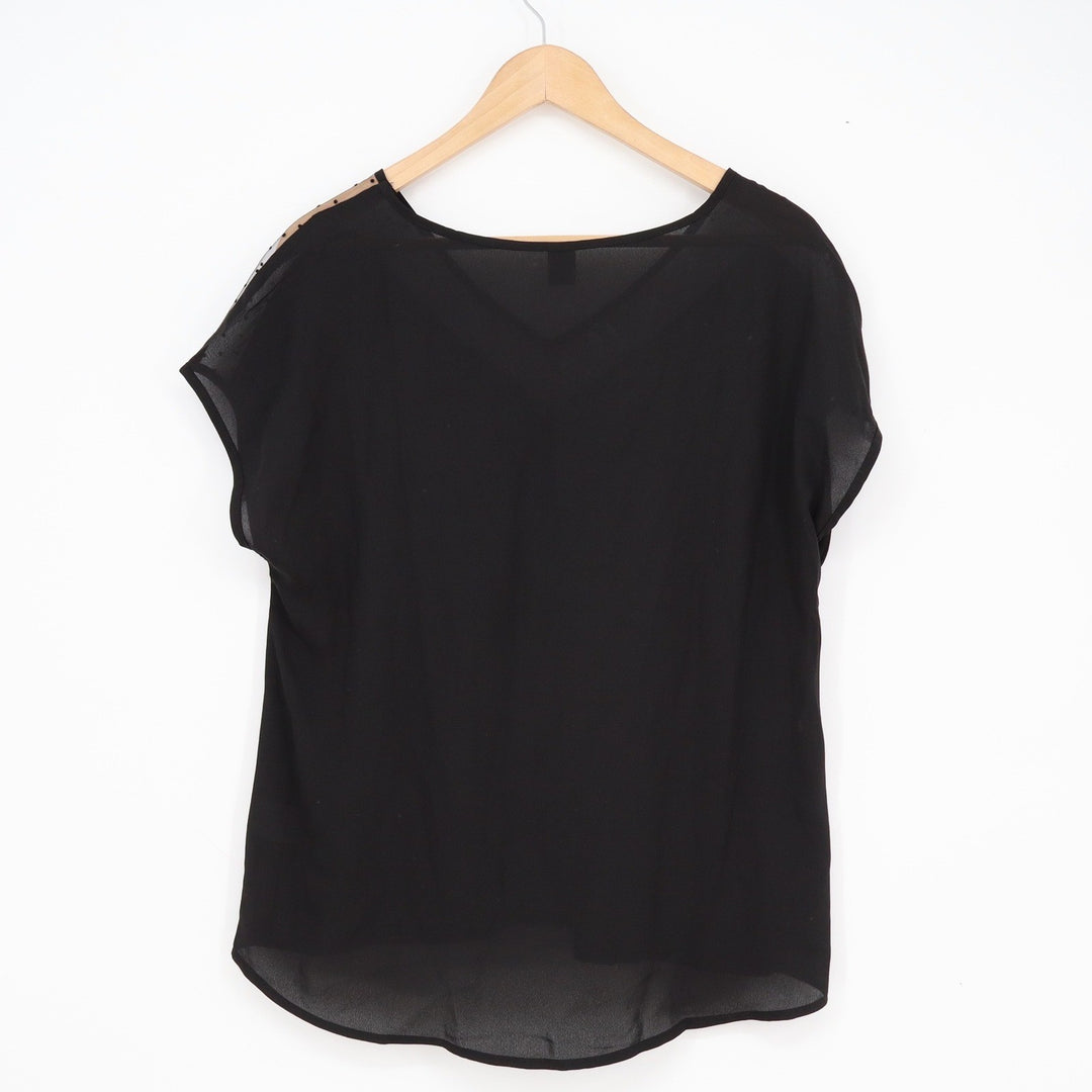 SHEIN Black V-Neck Blouse Mesh Polka Dot Shoulder Sheer Top Womens Size M