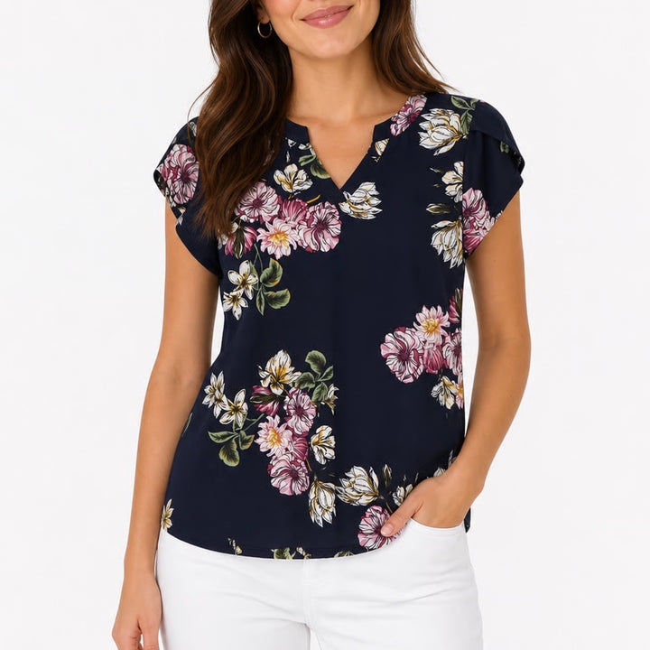 Navy Blue Floral Split V-Neck Petal Sleeve Jersey Blouse Top Small