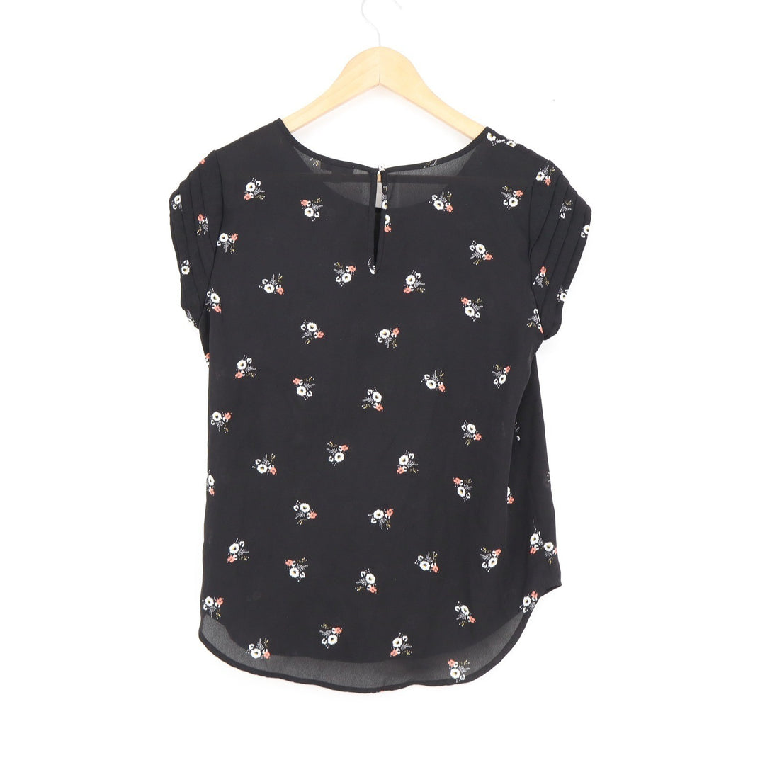 Lily White Black Floral Pleated Cap Sleeve Blouse Small