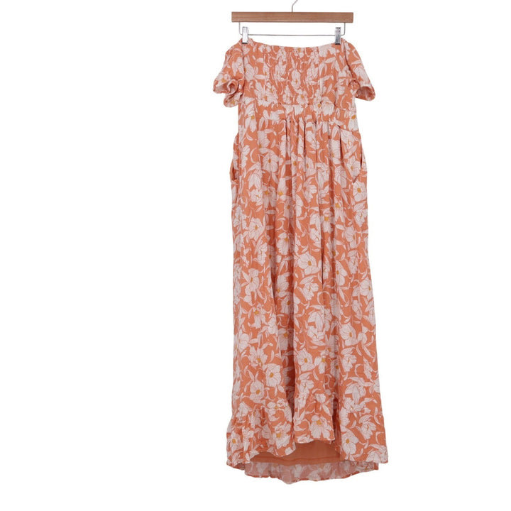 Torrid Peach Floral Smocked Tie Front Maxi Dress Pockets Size 1 Plus Size 1X