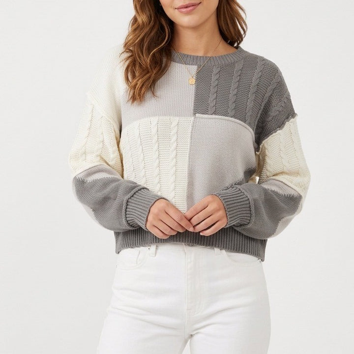 Shein Cropped Sweater Womens L Gray White Colorblock Knit Long Sleeve Pullover
