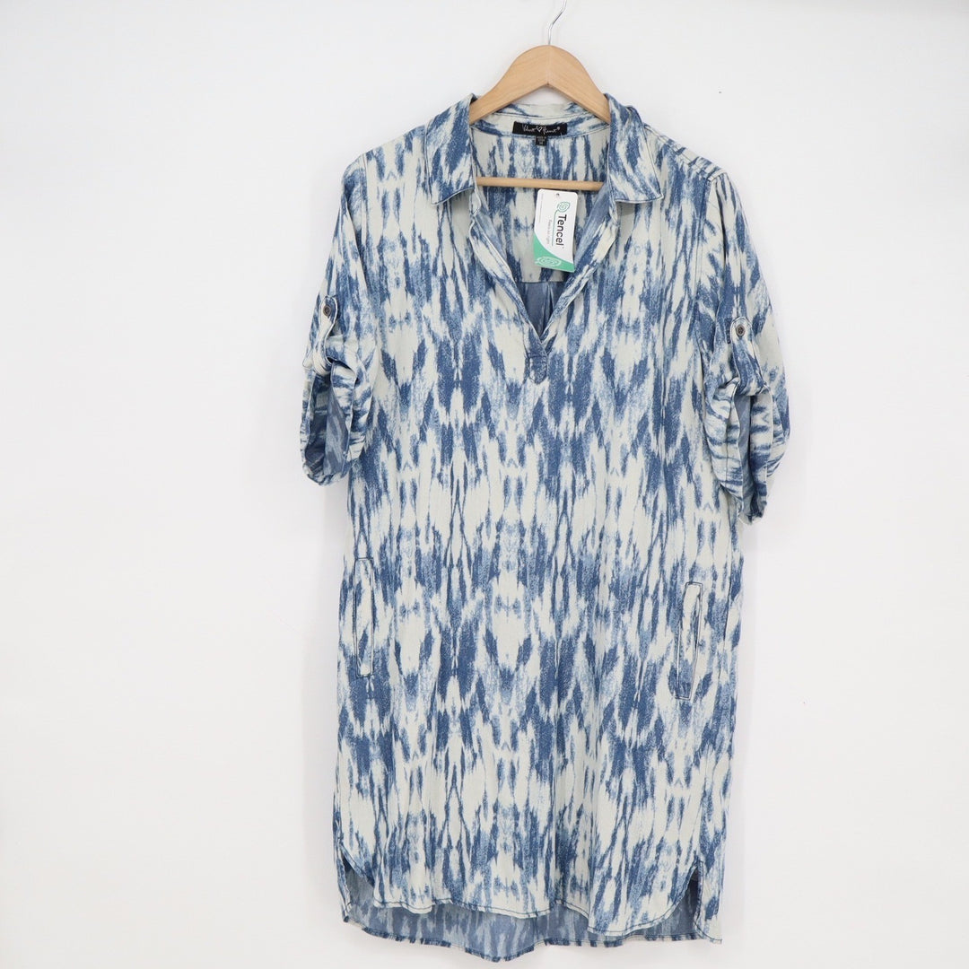 Velvet Heart Blue White Ikat Tencel Shirt Dress Roll Tab Sleeve Pockets
