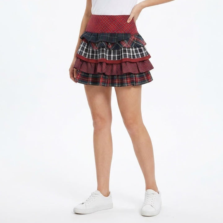 Ralph Lauren Mixed Plaid Patchwork Tiered Ruffle Mini Skirt Red Multi Size 14