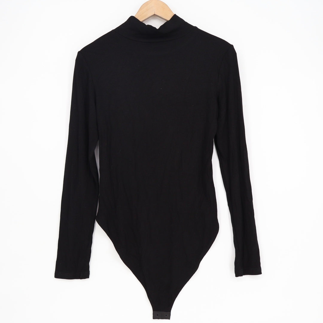 Mangopop Black Ribbed Mock Neck Long Sleeve Bodysuit Size L KLB 261