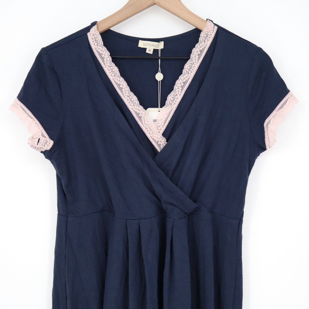 Kimi+Kai Nightgown Dress Womens M Navy Stretch Pleated Lace Trim Short Sleeve