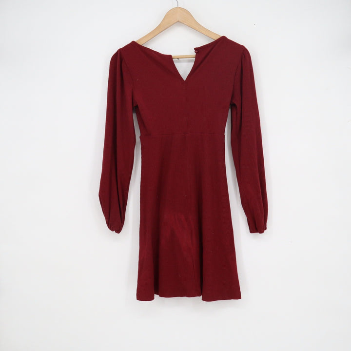 Kenedik Burgundy Ribbed Long Sleeve Empire Waist Mini Dress Small USA Made