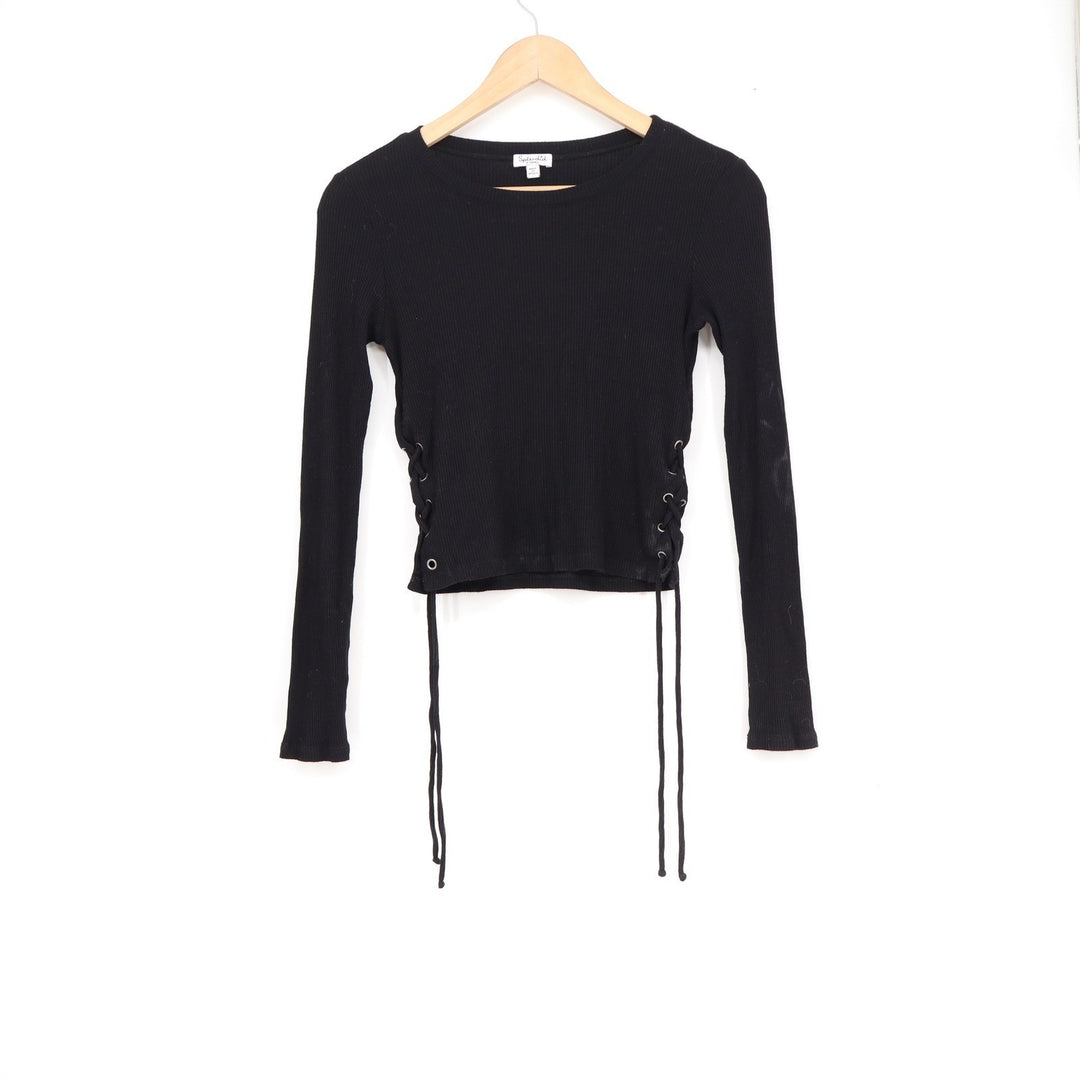 Splendid Womens XS Black Ribbed Long Sleeve Lace Up Side Top Crew Neck