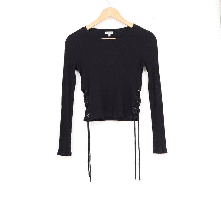 Splendid Womens XS Black Ribbed Long Sleeve Lace Up Side Top Crew Neck