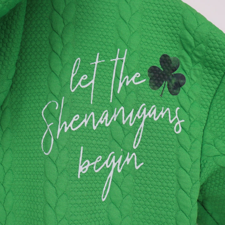 Let The Shenanigans Begin Hoodie Women Medium Green Printed Knit Kangaroo Pocket