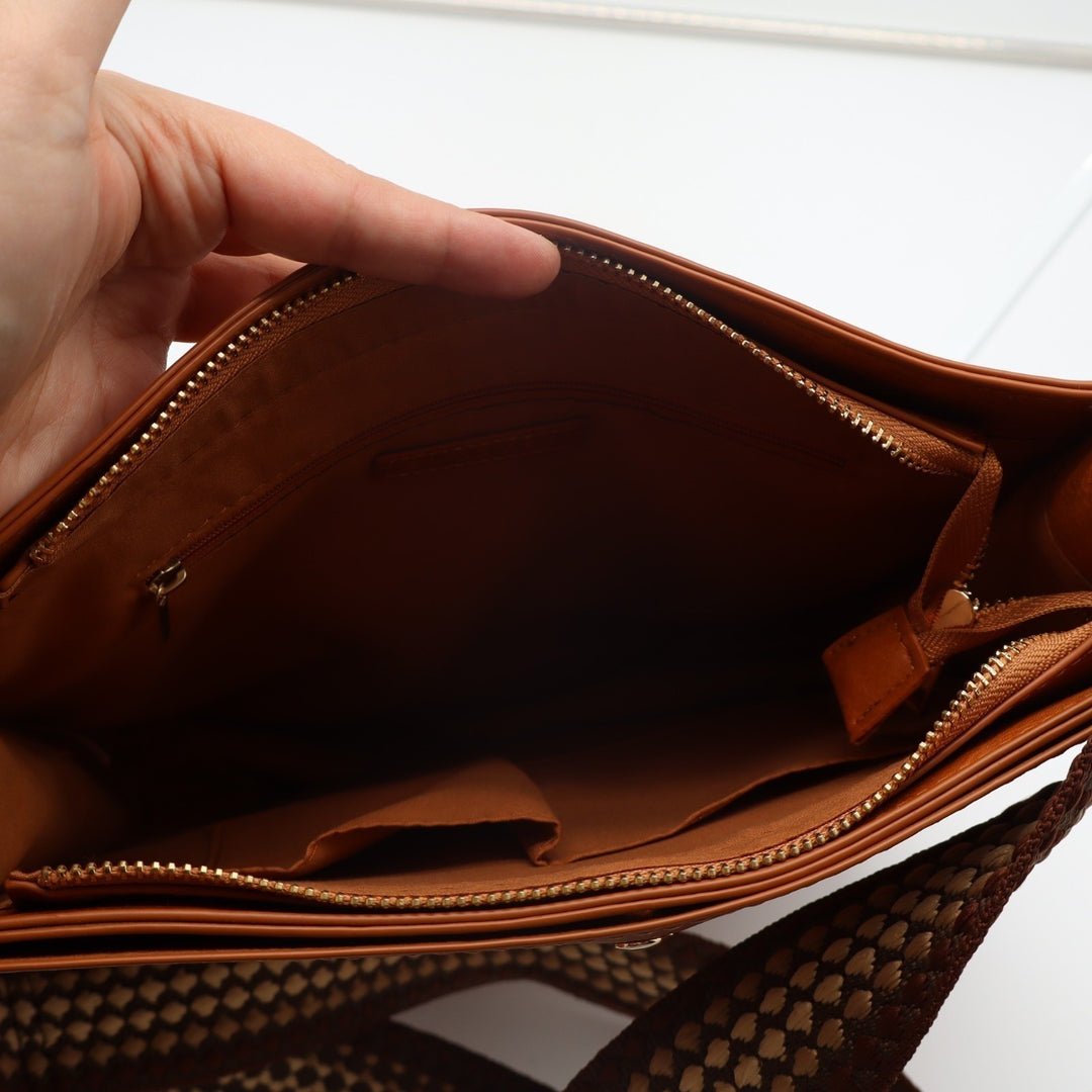 Ahdorned Double-Entry U-Shaped Womens Handbag Brown Shoulder Bag with Pouch
