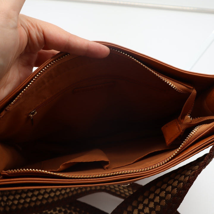 Ahdorned Double-Entry U-Shaped Womens Handbag Brown Shoulder Bag with Pouch