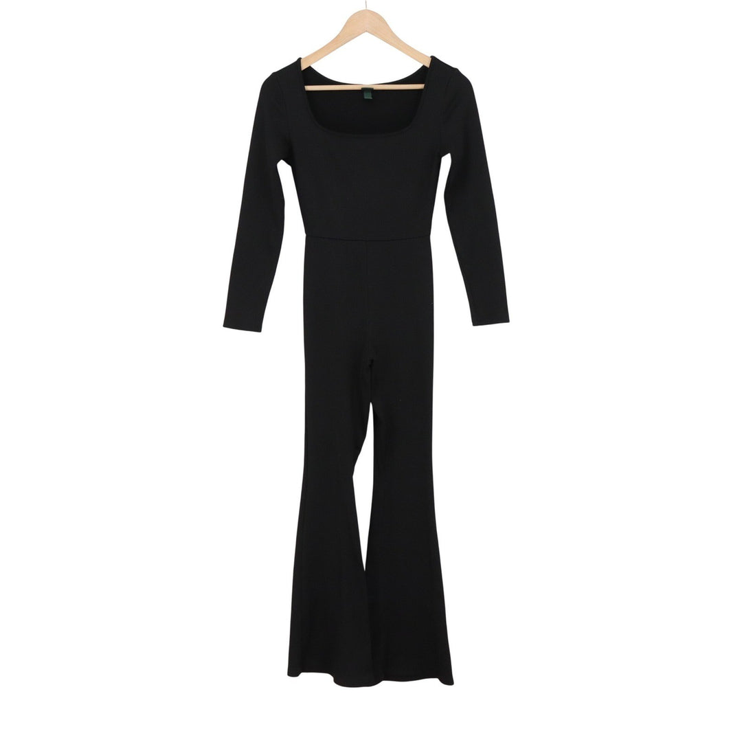 Wild Fable Womens Black Ribbed Long Sleeve Square Neck Flare Leg Jumpsuit Size S