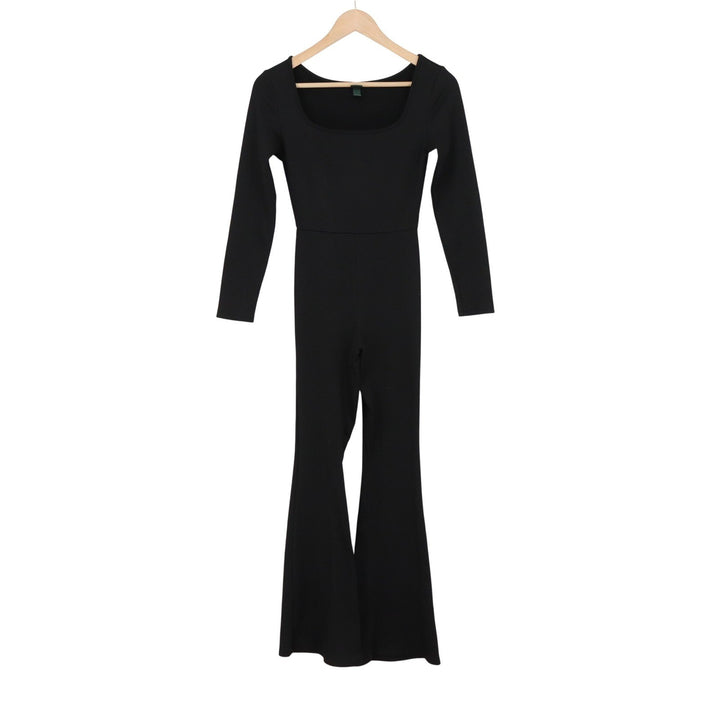 Wild Fable Womens Black Ribbed Long Sleeve Square Neck Flare Leg Jumpsuit Size S