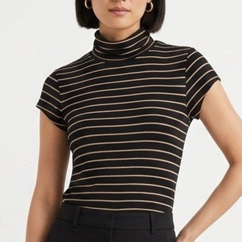 Cabi Slinky Top Women Medium Black Striped Rayon Stretch Short Sleeve Turtleneck