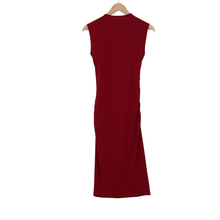 Sleeveless Ruched Midi Sheath Dress Burgundy Red Cowl Square Neck Size M