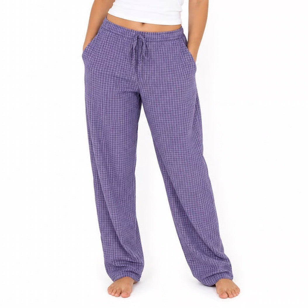Purple Blue Micro Check Pajama Pants Elastic Drawstring Waist Sleepwear