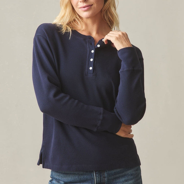 American Giant Thermal T-Shirt Women XL True Navy Cotton Waffle Knit Henley Neck