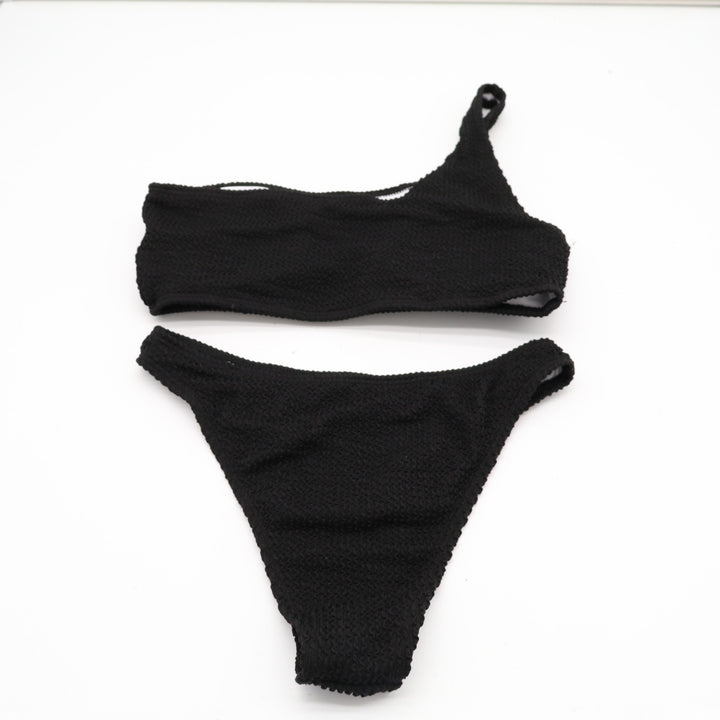 2 Piece Bikini Set Womens Small Black Textured One Shoulder Swimsuit Beachwear
