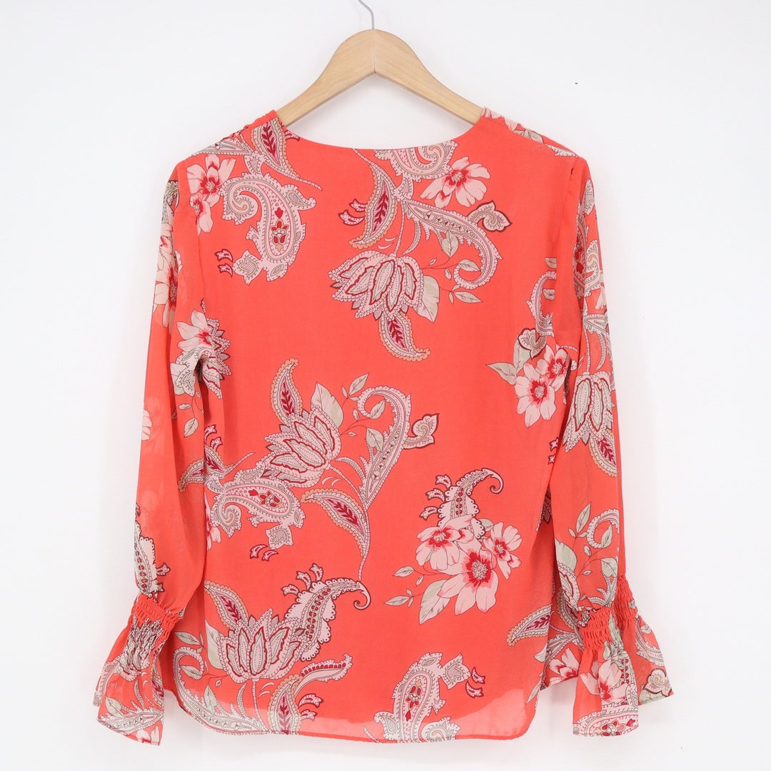 JM Collection Coral Orange Paisley Floral V-Neck Blouse Smocked Bell Cuff Small