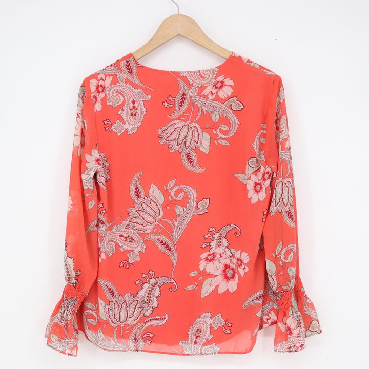 JM Collection Coral Orange Paisley Floral V-Neck Blouse Smocked Bell Cuff Small