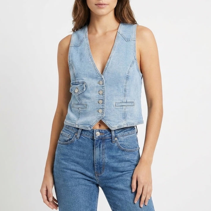 Nanette Lepore Vest Womens Medium Blue Denim Cotton Stretch Pockets front Button