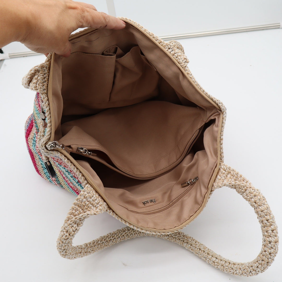 The Sak Crochet Tote Bag Multicolor Striped Floral Applique Shoulder Bag