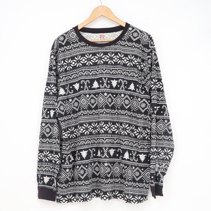 PJ Place Mens XL Pajama Top Black White Fair Isle Christmas Tree Candy Cane