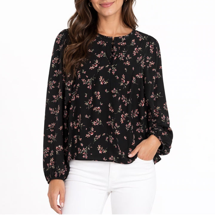 J. Crew Blouse Top Womens XS Black Multi Floral Balloon Sleeve Keyhole Neck