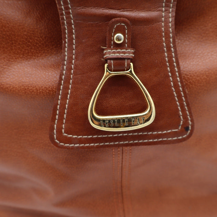 Leslie Fay Shoulder Bag Womens Medium Brown Leather Stirrup Hardware Good