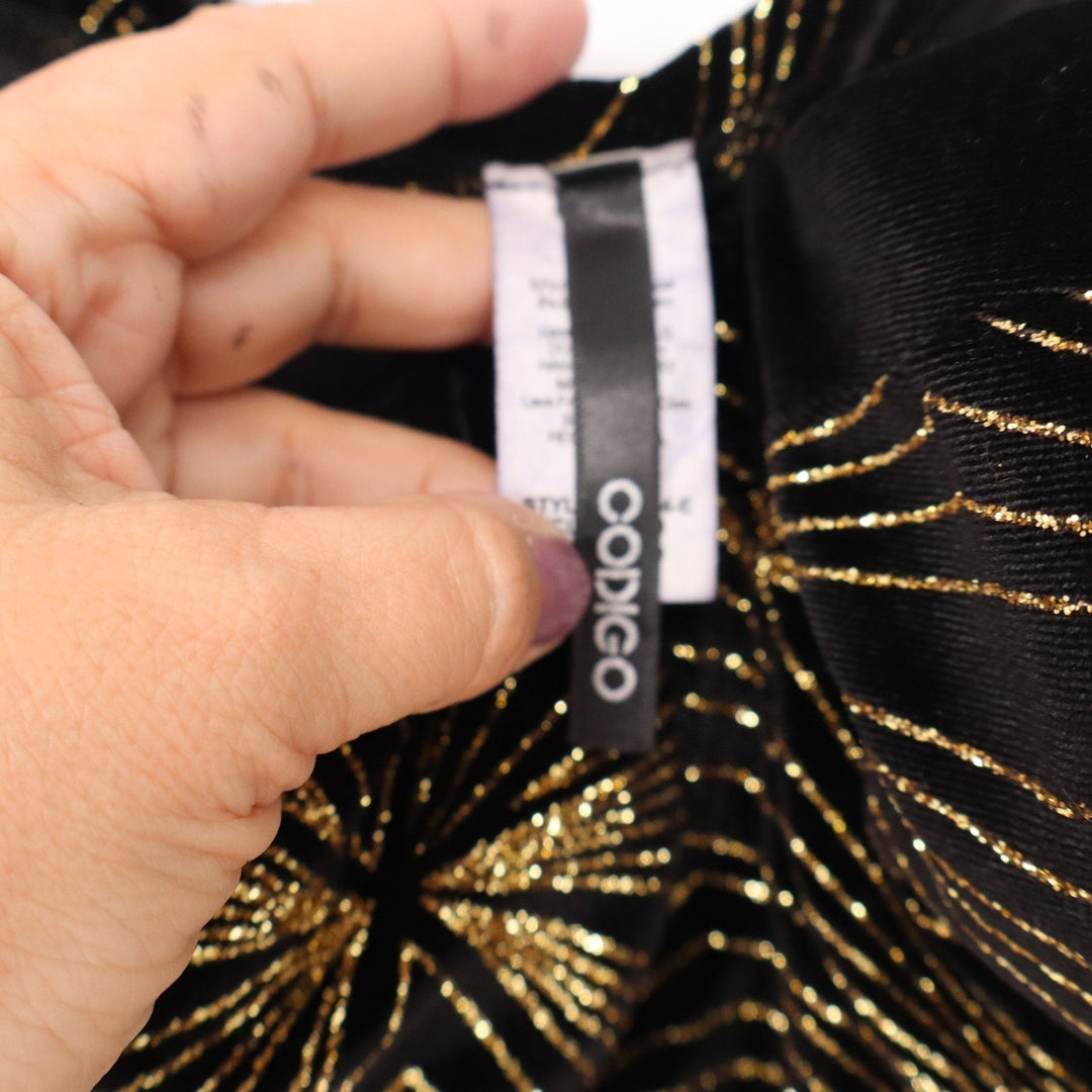 Codigo Black Gold Glitter Sunburst Multi Strap Bodycon Midi Dress Large