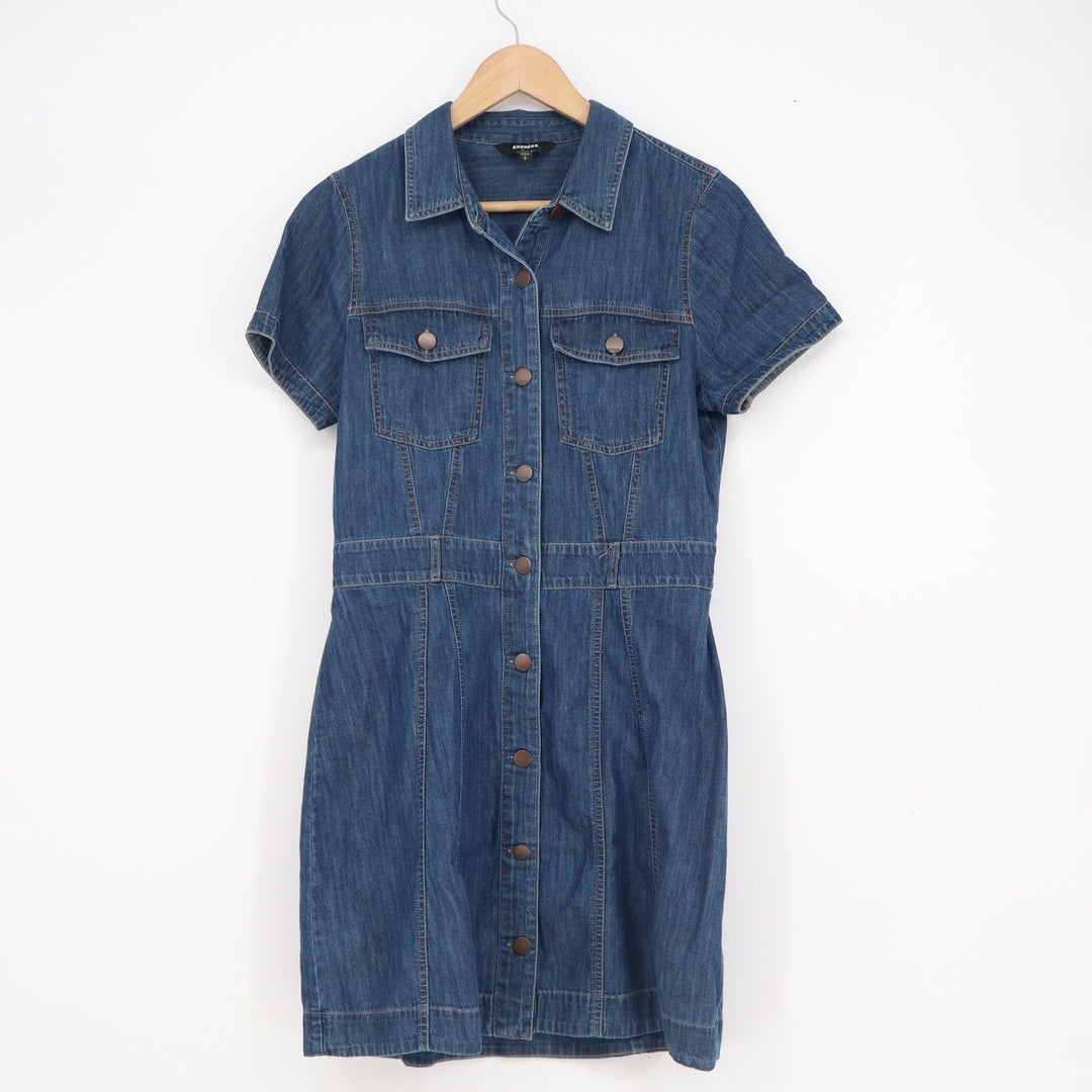 Express Womens Blue Denim Short Sleeve Button Front Mini Shirt Dress Small S