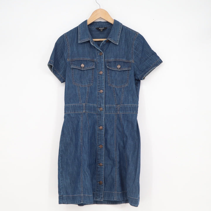 Express Womens Blue Denim Short Sleeve Button Front Mini Shirt Dress Small S