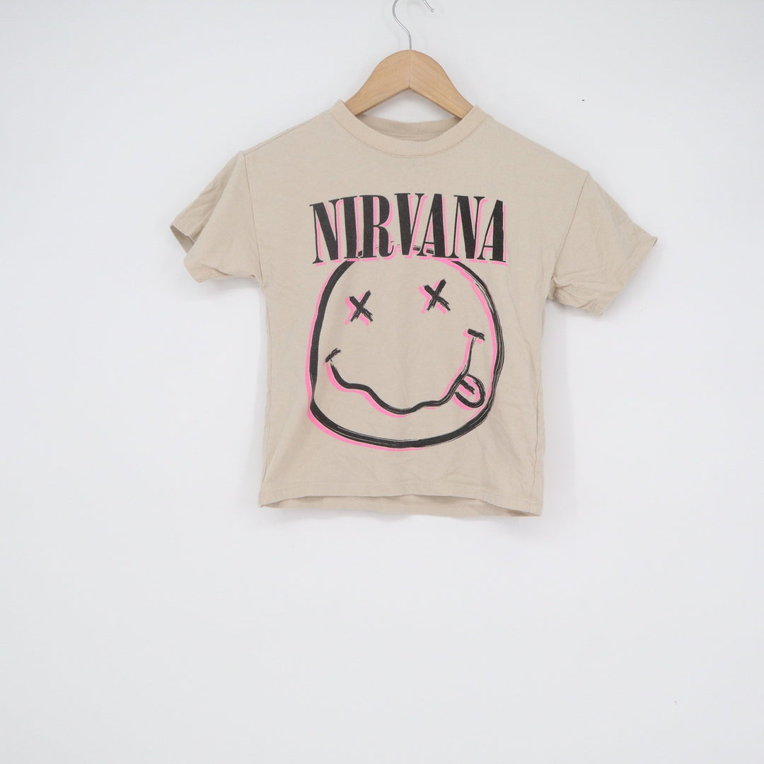 Cotton On Kids Nirvana Smiley Face Graphic T-Shirt Tan Pink Size 4 Band Tee