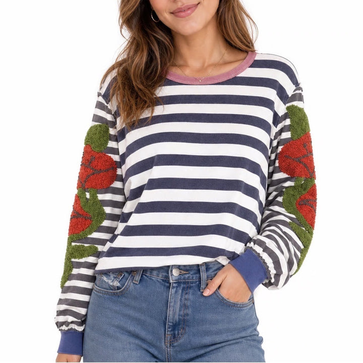 We The Free Free People Striped Floral Chenille Sleeve Top Navy White Small