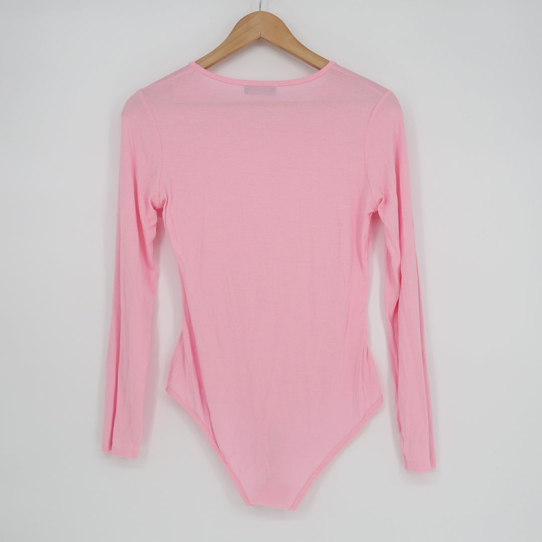 PrettyLittleThing T-Shirt Bodysuit Womens 6 Pink Stretch Long Sleeve Crew Neck