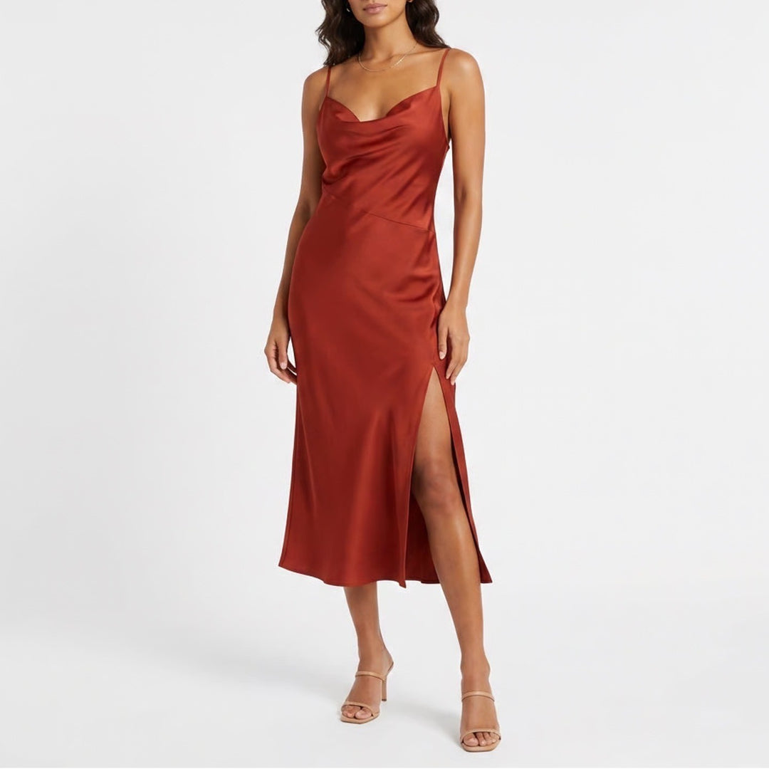 Rust Red Cowl Neck Midi Dress Spaghetti Strap Side Slit Size L