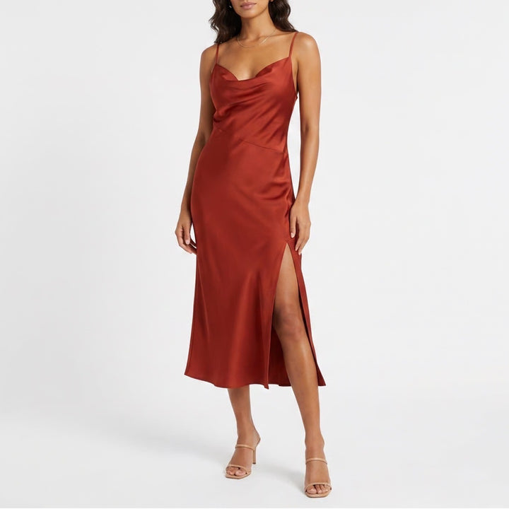 Rust Red Cowl Neck Midi Dress Spaghetti Strap Side Slit Size L
