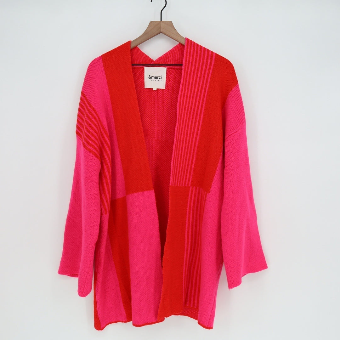 merci Womens Pink Red Colorblock Striped Open Front Cardigan Sweater Large