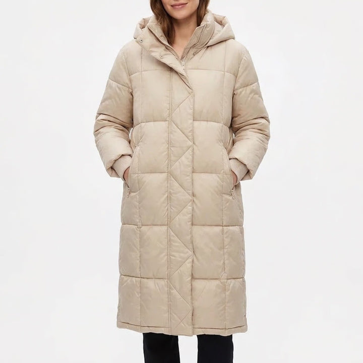GAP Puffer Coat Womens XL Beige Full Zip Pockets Hooded Thumb Hole Long Sleeve