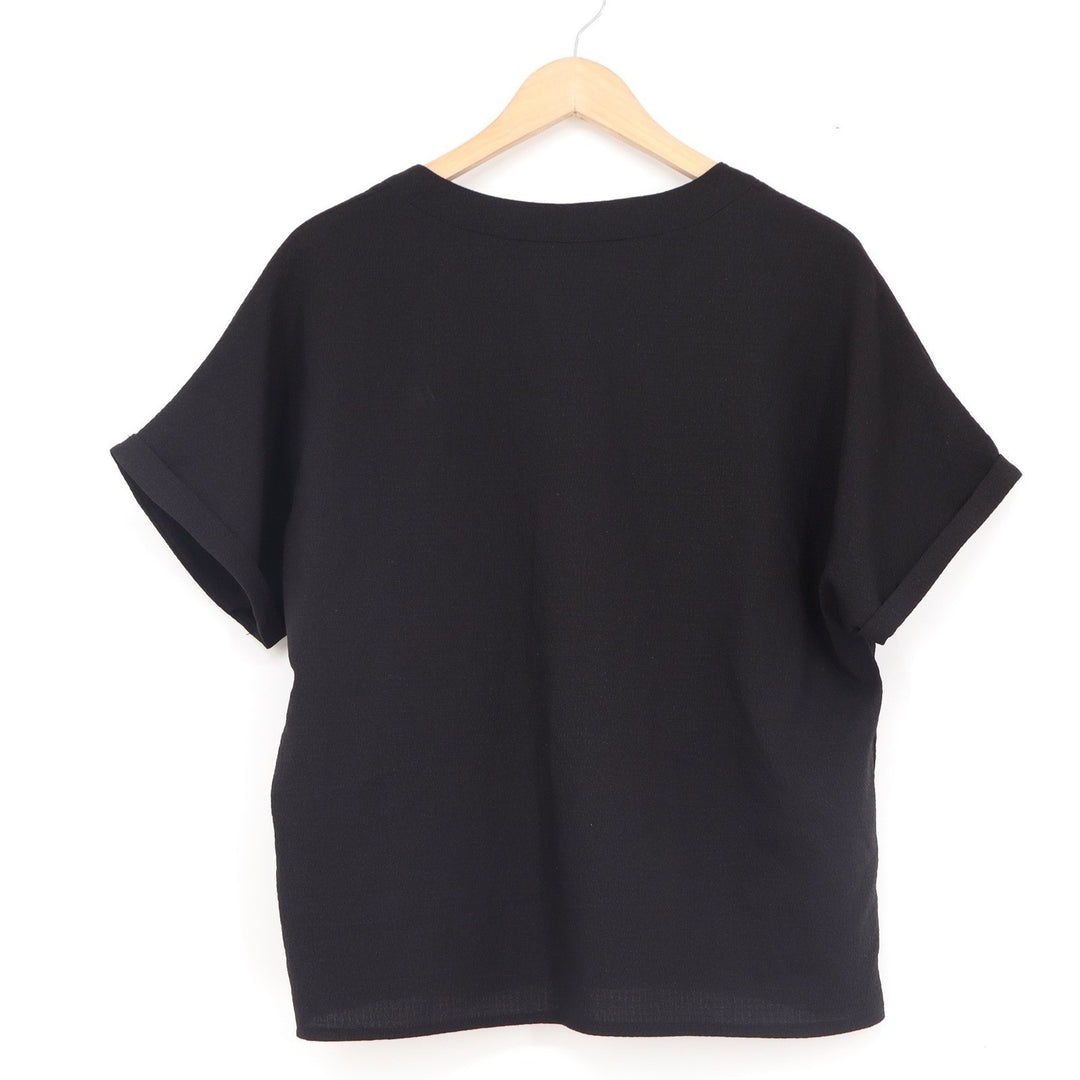 Emery Rose Black Notched V-Neck Cuffed Short Sleeve Blouse Top Medium