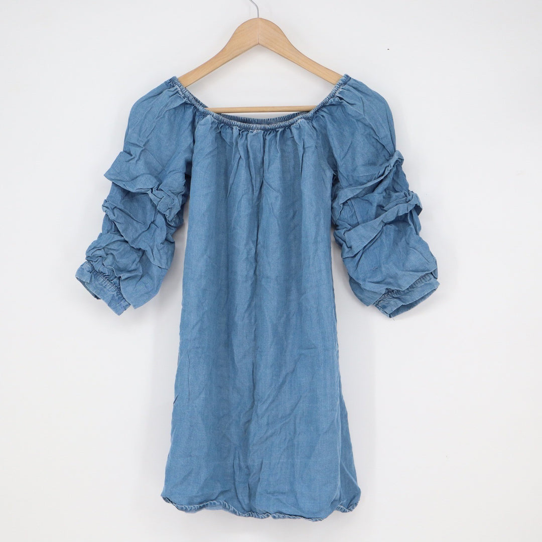 Zara Woman Premium Denim Blue Off Shoulder Ruched Ruffle Sleeve Mini Dress XS