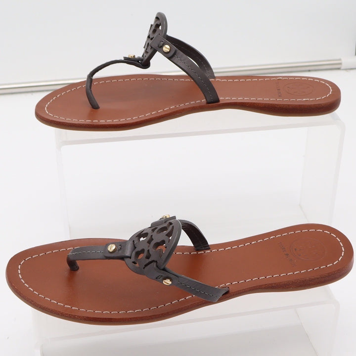 Tory Burch Sandals Womens 8 Miller Thong Flip Flop Gray Leather Logo Excellent