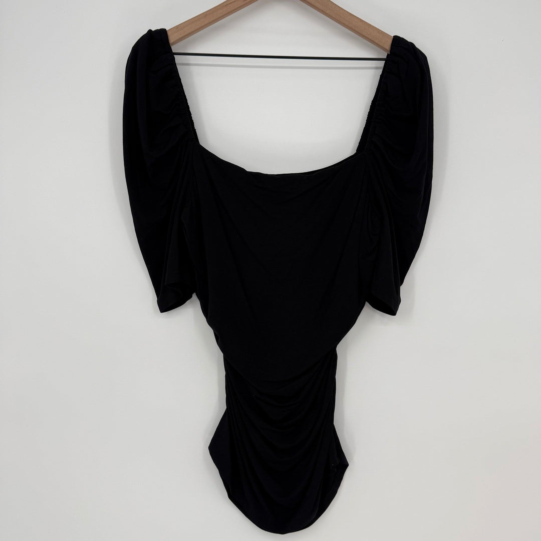 FRAME Betty Knitted Black Noir Square Neck Ruched Puff Sleeve Top Size L
