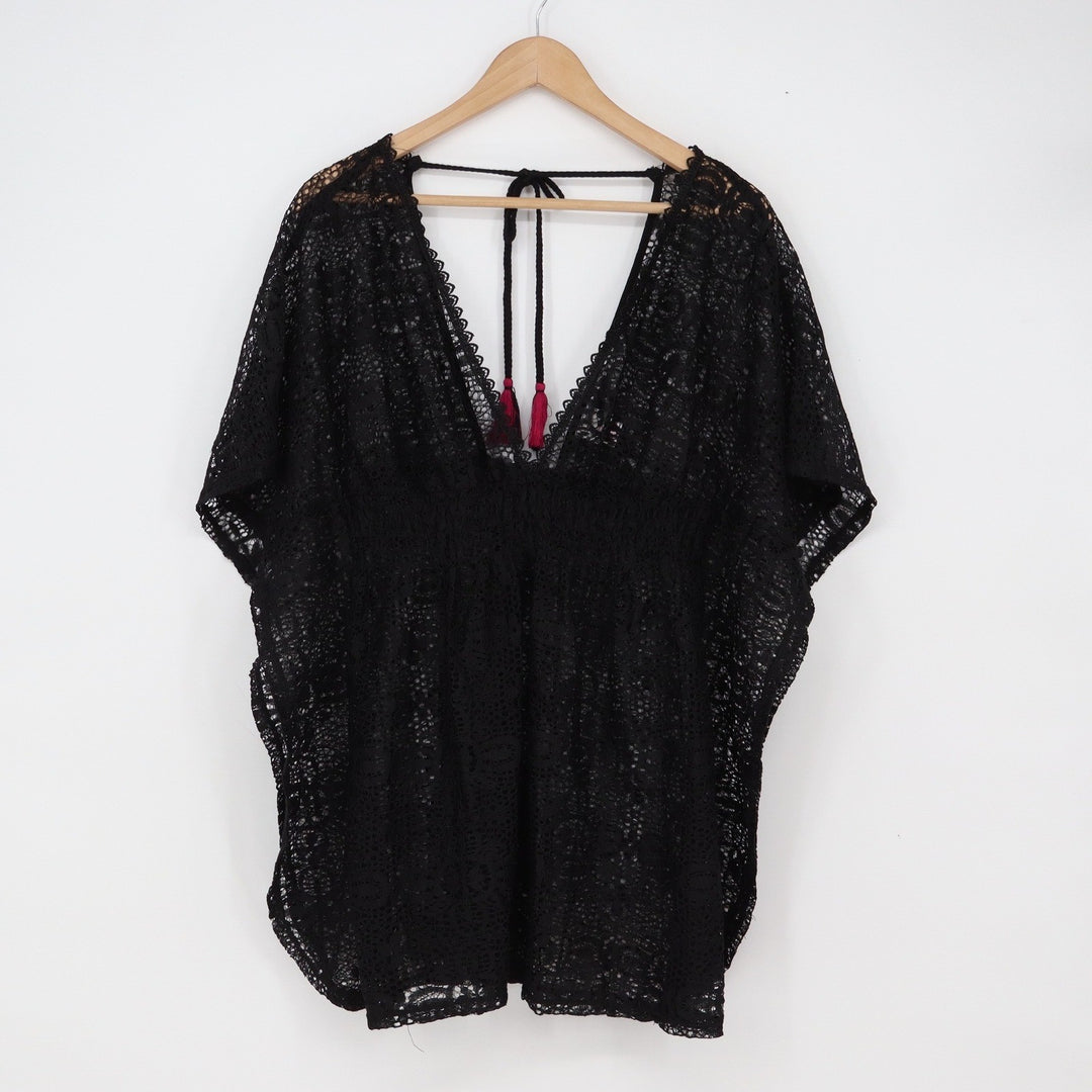 Xhilaration Swim Cover Up Womens Medium Black Lace V-Neck Tassel Boho Excellent