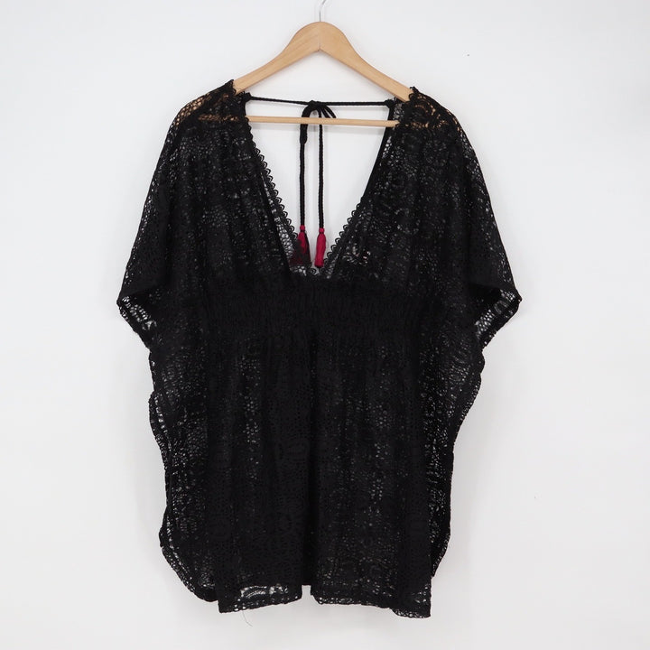 Xhilaration Swim Cover Up Womens Medium Black Lace V-Neck Tassel Boho Excellent