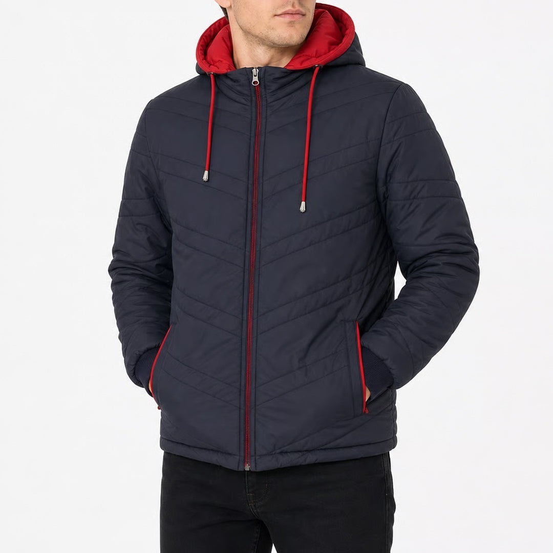 Navy Blue Red Quilted Puffer Jacket Hooded Full Zip Chevron Stitch Mens Small