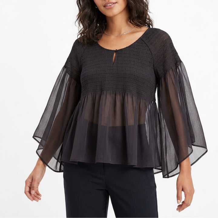American Eagle Smocked Babydoll Blouse Sheer Bell Sleeve Charcoal Grey Size M
