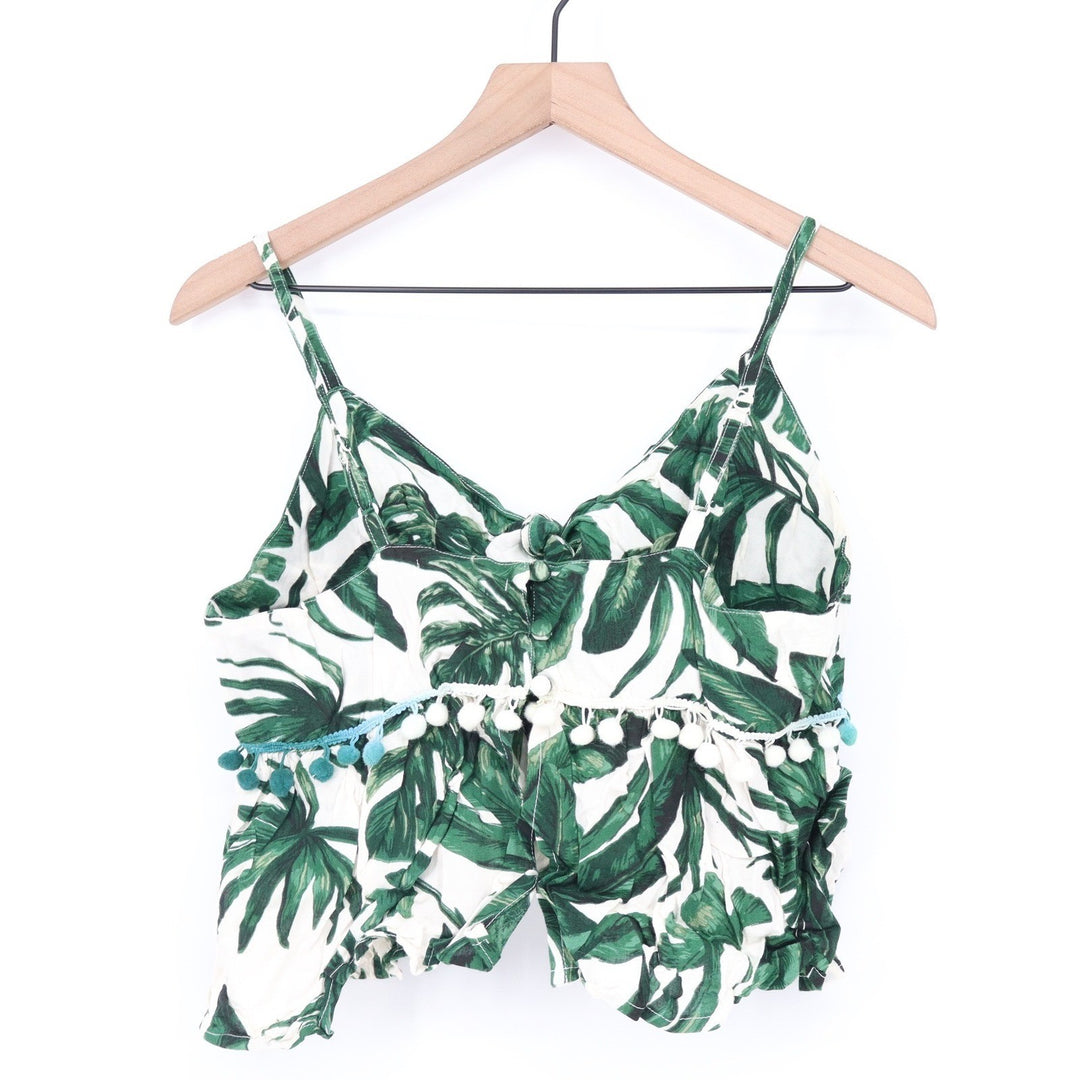 America & Beyond Tropical Palm Leaf Pom-Pom Camisole Top Green White Small