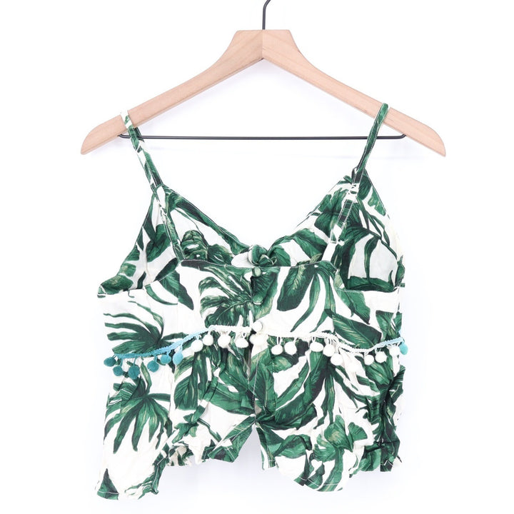 America & Beyond Tropical Palm Leaf Pom-Pom Camisole Top Green White Small